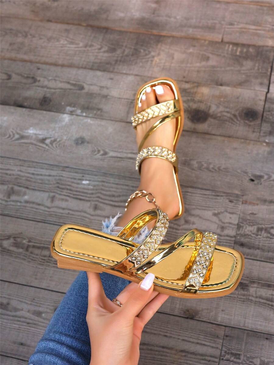 Sandalias planas para mujer con adornos de pedrería - Dorado - Ver 1