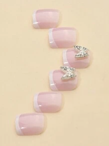 24pcs Press-On Toe Nail Tips White French Design 3d Butterfly Detail Simple Yet Elegant To Enhance Your Elegant, Comes With 1 Nail File And 1 Jelly Glue Press On Nails Nail Supplies - Pink - View 3