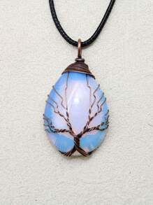 1PC Tree Of Life Crystals Necklace Pendant Water Drop Natural Stone Wire Wrap Rose Amethysts Quartz Crystal Tiger Eye Necklace Pendant