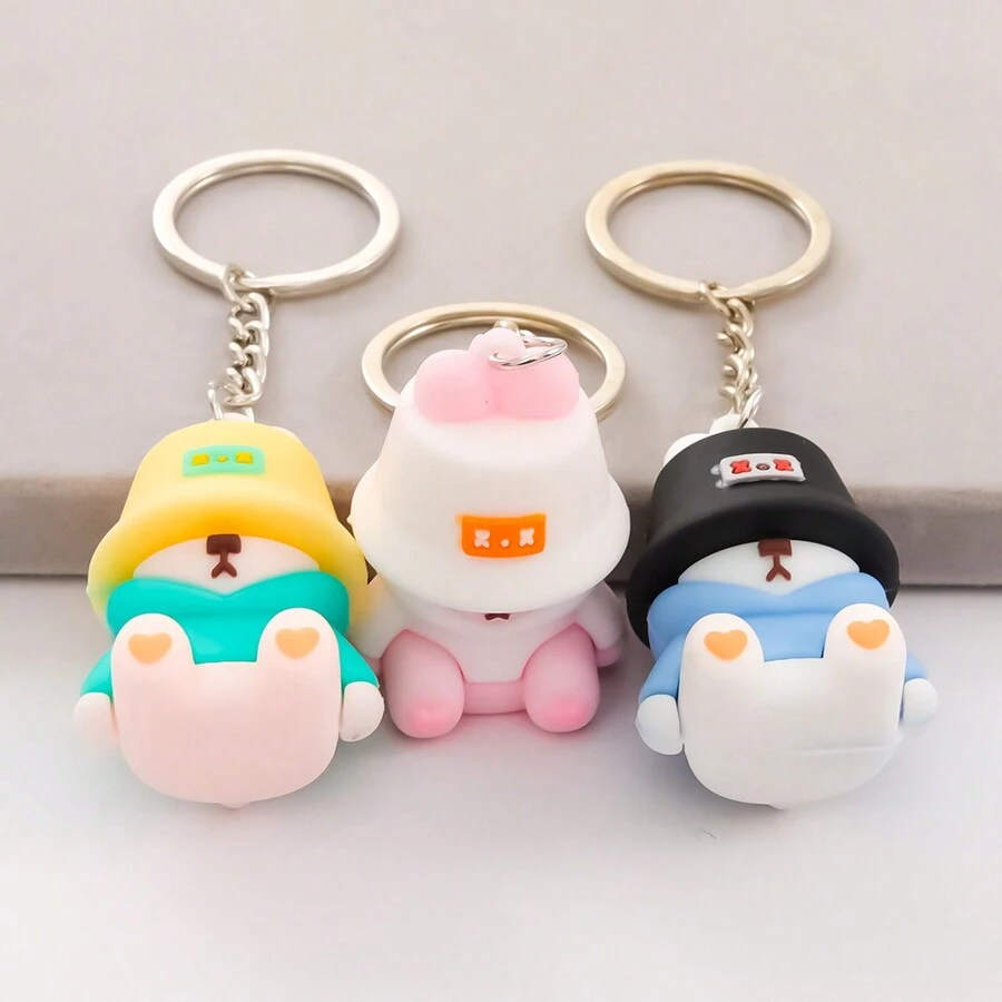3pcs/Set Creative Cartoon Sleeping Fisherman Bear Design Cute Pvc Keychain - Ideal For Personalized Bag, Car Key Chain, Gift - Multicolor - View 1