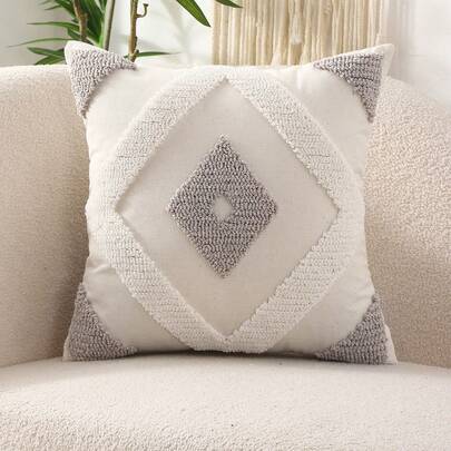 Miater 1pc Embroidered Cushion Cover, Canvas Knit Velvet, Geometrical Pattern