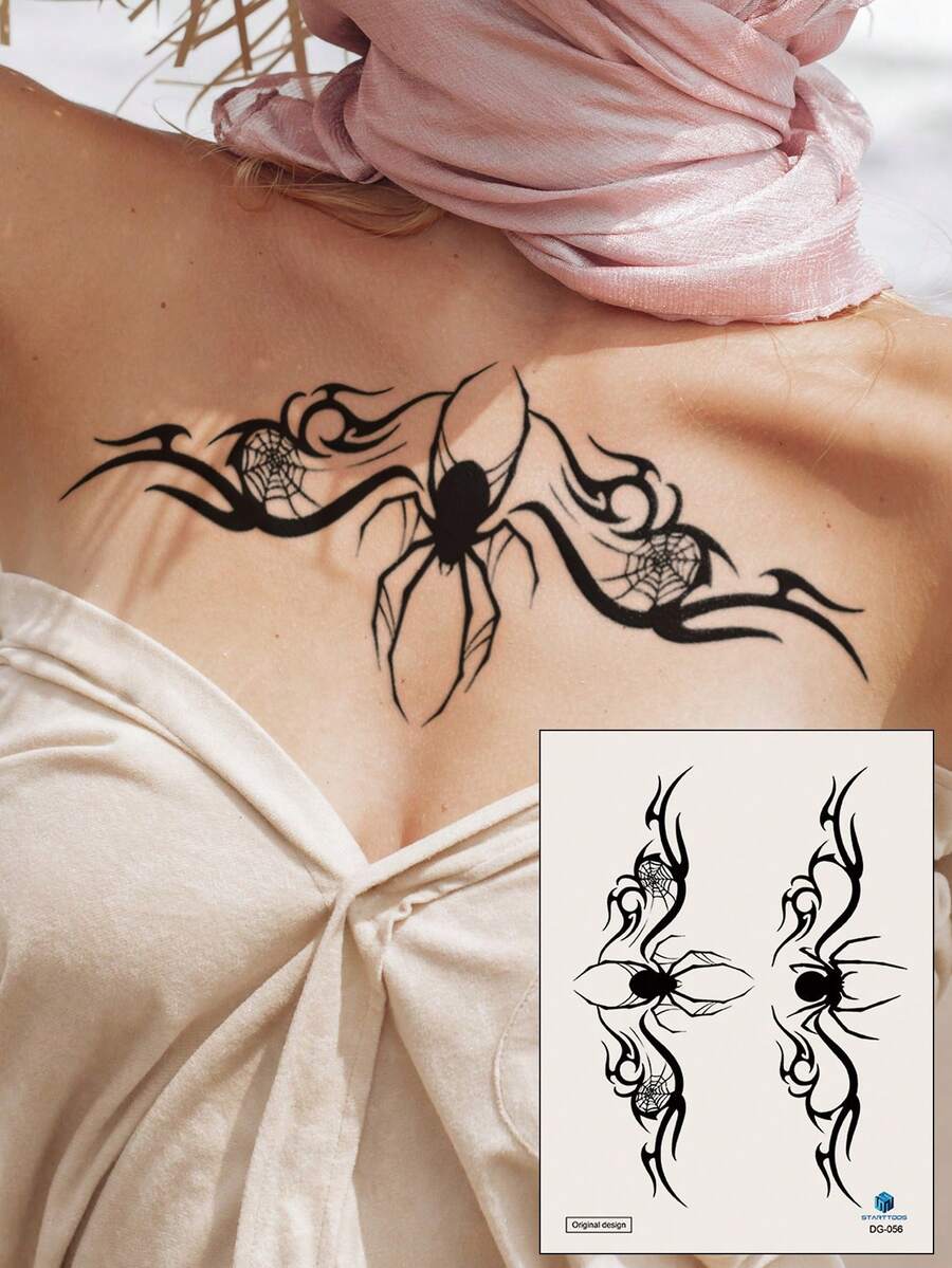 STARTTOOS 1入黑色蜘蛛圖騰圖案刺青貼紙，適用於胸部、腹部或比基尼線臨時身體刺青貼紙