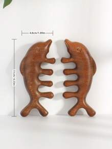 一件海豚形狀檀香木寬齒梳，頭部和面部按摩器工具，多功能按摩和放鬆配件，適用於身體毛刷 - 棕色 - 查看 5