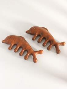 一件海豚形狀檀香木寬齒梳，頭部和面部按摩器工具，多功能按摩和放鬆配件，適用於身體毛刷 - 棕色 - 查看 4