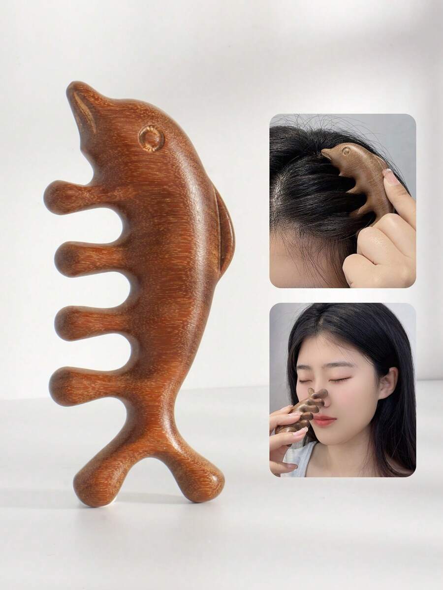 一件海豚形狀檀香木寬齒梳，頭部和面部按摩器工具，多功能按摩和放鬆配件，適用於身體毛刷 - 棕色 - 查看 1