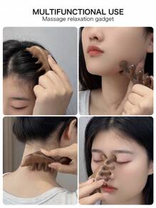 一件海豚形狀檀香木寬齒梳，頭部和面部按摩器工具，多功能按摩和放鬆配件，適用於身體毛刷 - 棕色 - 查看 3