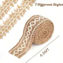 7 cintas de yute, cintas rústicas, encaje, cinta de artesanía de red de tela de arpillera para regalos de costura de bricolaje, envoltura de fiesta de vacaciones y decoración de bodas rústicas (2 metros para cada cinta longitud total: 14 metros) - Marrón - Ver 3