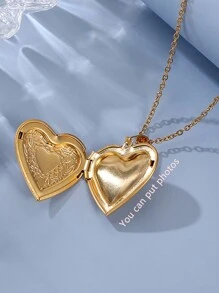 1入組心形小盒墜子吊墜情侶項鍊帶照片插頁 - 金黃色 - 查看 7