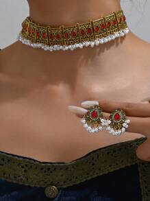 1 件时尚复古白色水钻装饰吊坠项链和 1 对水滴形吊坠耳环，适合女士 - 銅色 - 查看 3