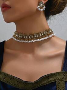 1 件时尚复古白色水钻装饰吊坠项链和 1 对水滴形吊坠耳环，适合女士 - 銅色 - 查看 7