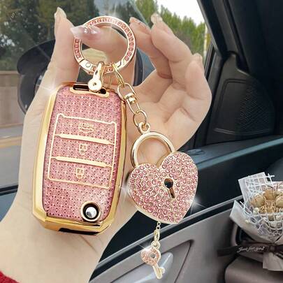 Llavero De Alta Gama Con Forma De Corazón De Diamante Rosa Para Hombres Y Mujeres + Estuche De Llave Clásico Rosa Dorado Para Automóvil + Protector De Llavero Y Juego De Cubierta Remota Para Kia K3 K5 K2 Kx3 K4 Kx5 Huanchi Kxcross Sorento Cerato Sportage Pro