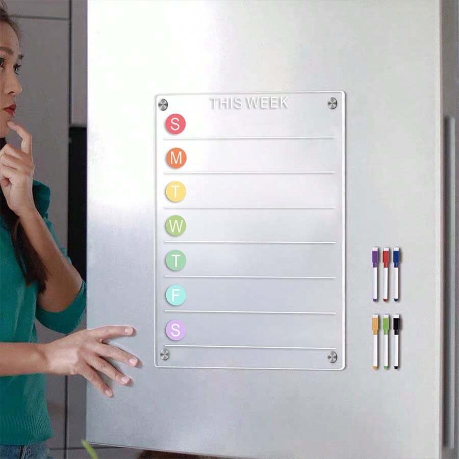 Sticker de decoración para refrigador, imán transparente de acrílico para hogar, puede registrar eventos importantes de comida, viene con 6 plumones borrables para dibujar. - Blanco - Ver 1