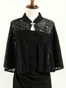 1 pieza Chal elegante de mujer con botón de perla falsa, patrón floral y calado, negro, perfecto para una cita o fiesta de noche y complementa con un vestido camiseta, Día de San Valentín