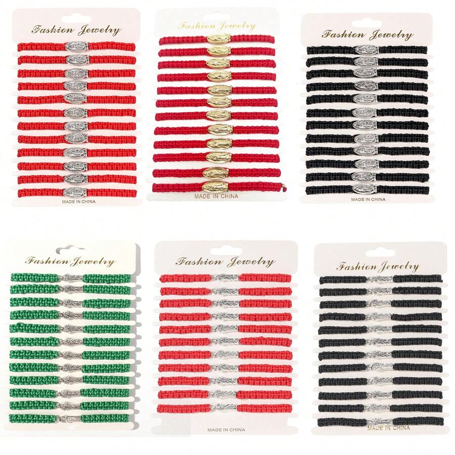 12 Stücke mexikanische Jungfrau Maria Armbänder, Tadeo-Armband, katholisch, grün, schwarz, rot, handgefertigt, Seil-Armband, Heiliger Judas, Armband Geschenk für Männer Frauen Jungen