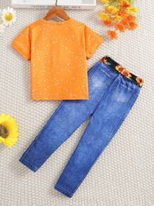 2 件套年轻女孩夏季时尚向日葵花卉字母印花针织圆领短袖上衣和修身牛仔效果裤配向日葵腰带休闲装 - 橘色 - 查看 2