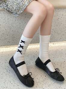 1對蘿莉塔風格女孩可愛日系軟妹子公主蕾絲蝴蝶結中筒襪 - 白色 - 查看 2