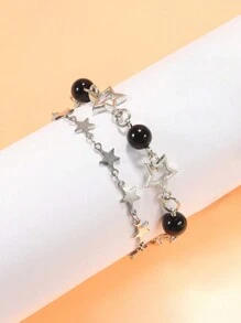 4pcs Y2K Celebrity Couple Bracelet Set, Faux Pearl & Star Friendship Bracelet, Perfect Gift For Festivals - Black+White - View 4