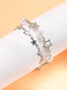 4pcs Y2K Celebrity Couple Bracelet Set, Faux Pearl & Star Friendship Bracelet, Perfect Gift For Festivals - Black+White - View 3