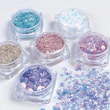 Set de 6 piezas Decoración de arte de uñas con escamas de purpurina de forma asimétrica en colores arcoiris de sirena, accesorios de arte de uñas para mujeres y niñas, que incluye molde de silicona, polvo fosforescente y relleno de resina epoxi, material de bricolaje para joyería