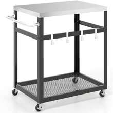 Barbecue Trolley, BBQ Side Trolley With Stainless Steel Table Top, 2 Levels & Hooks, Barbecue Table With Wheels, Barbecue Side Table Garden Trolley For Outdoor & Garden, Silver (2 Levels) - Black and White - View 1