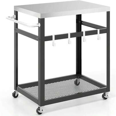 Barbecue Trolley, BBQ Side Trolley With Stainless Steel Table Top, 2 Levels & Hooks, Barbecue Table With Wheels, Barbecue Side Table Garden Trolley For Outdoor & Garden, Silver (2 Levels)
