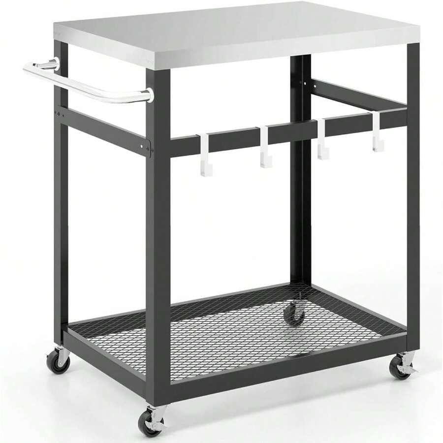 Barbecue Trolley, BBQ Side Trolley With Stainless Steel Table Top, 2 Levels & Hooks, Barbecue Table With Wheels, Barbecue Side Table Garden Trolley For Outdoor & Garden, Silver (2 Levels) - Black and White - View 1
