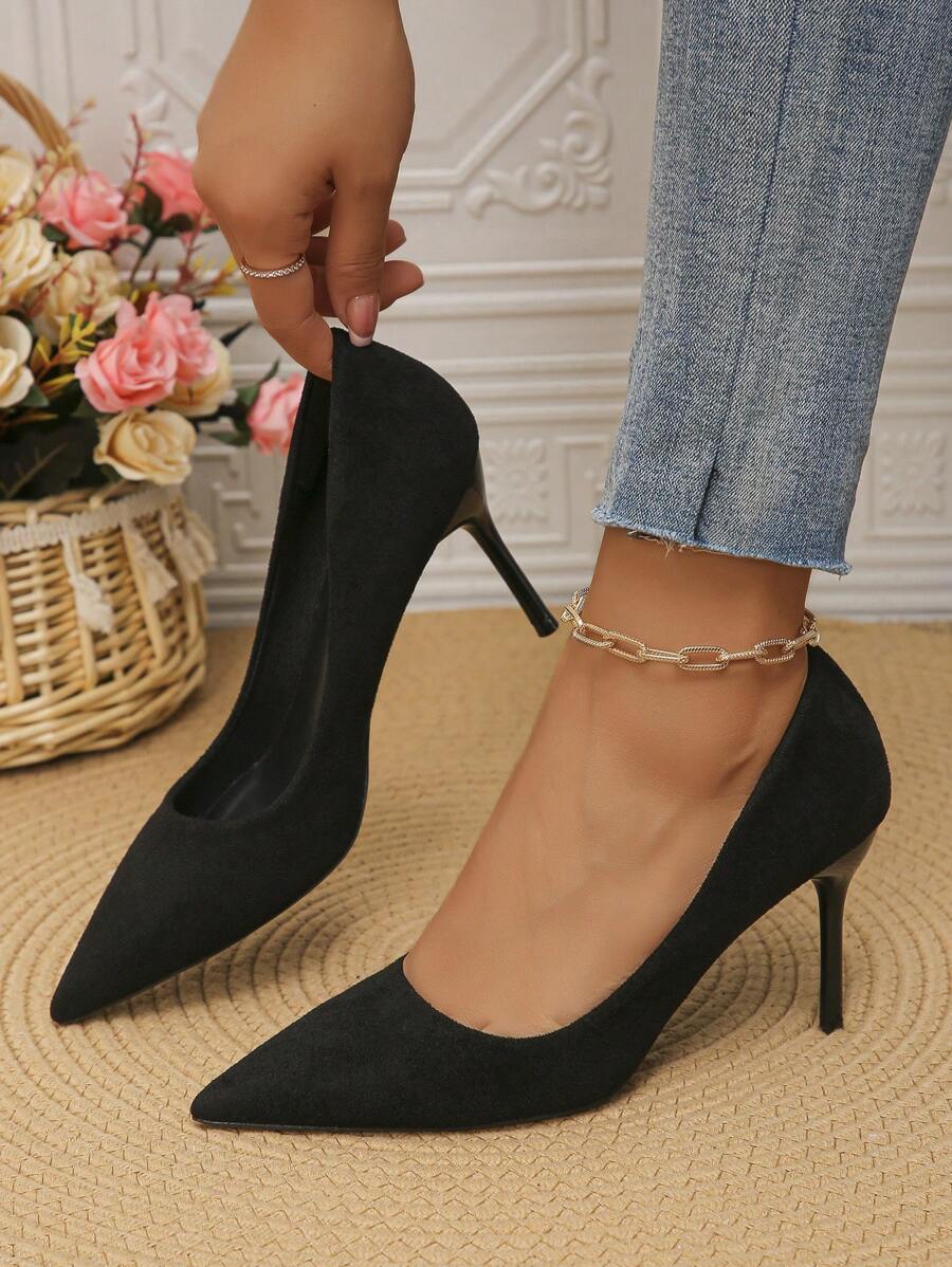 2023 New Arrival High Heels, Pointed Toe, Thin Heels, Comfortable & Fashionable, Plus Size, Commuting & Versatile, Suede, Sexy Low Vamp Women's Shoes - Black - View 1