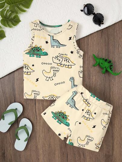 Bé trai hoạt hình dễ thương Áo ba lỗ khủng long và quần short Bộ đồ thể thao thông thường