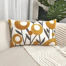 1pc Canvas Embroidered Floral Design Cushion Cover For Living Room Sofa, Bedroom, Bay Window (Pillow Core Not Included) - Multicolor - View 5