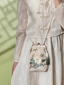 Women's Evening Clutch Bag, Vintage Floral Embroidery Handbag With Detachable Faux Pearl Shoulder Strap And Pearl Top Handle - Elegant Cheongsam Style Women's Party Bag, Multifunctional Phone Pouch And Wallet, Evening Purse, Gift For Mom - Beige - View 3