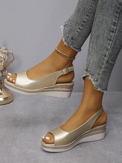 Women New Summer Thick Heel Wedge Sandals, Golden Fashionable And Versatile Peep Toe Waterproof Platform High Heel Sandals