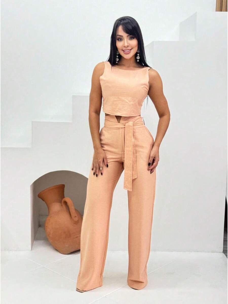 Women Two-Piece Outfits - Khaki - View 1