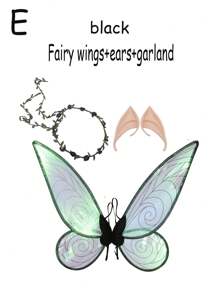 Set de 3 piezas de alas de mariposa de hada + orejas de hada + corona, adecuado para uso diario, festivales, escenario, disfraz - Set de alas de organza verde y blanca para Halloween, baile de graduación