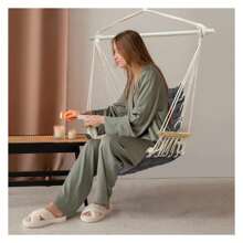 Hammock Chair Hanging Swing With Wooden Armrests;Steel Spreader Bar And Anti-Slip Rings;Cotton Woven Fabric;Up To 300 Lbs For Bedroom,Patio,Porch,Deck-Indoor Outdoor Grey