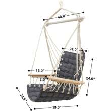 Hammock Chair Hanging Swing With Wooden Armrests;Steel Spreader Bar And Anti-Slip Rings;Cotton Woven Fabric;Up To 300 Lbs For Bedroom,Patio,Porch,Deck-Indoor Outdoor Grey
