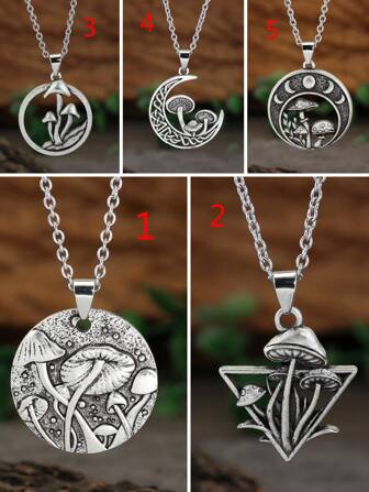 1pc Vintage Style Mushroom Pendant Necklace, Retro Silver Chain Moon Necklace, Party Jewelry Gift