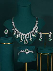 女士4件套珠宝，蓝色方晶锆石项链、耳环、戒指和手链。适合迪拜新娘婚礼、阿拉伯晚礼服和情人节礼物。妈妈、母亲、母亲节礼物 - 四件套 - 查看 15