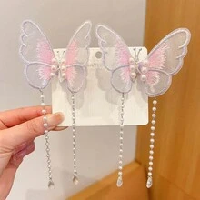 1對兒童新款式布質可愛中式珍珠流蘇髮夾，帶有蝴蝶和彩色鱷魚夾，頭飾 - 多色 - 查看 11