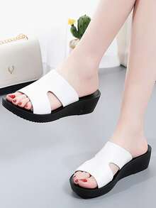 女性純色楔跟涼鞋，休閒夏季開放式拖鞋，舒適厚底涼鞋