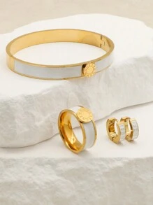 1 套/4 件时尚金色圆形不锈钢手链耳环戒指套装爱心手镯首饰套装适合女士情人节 - 白色 - 查看 2