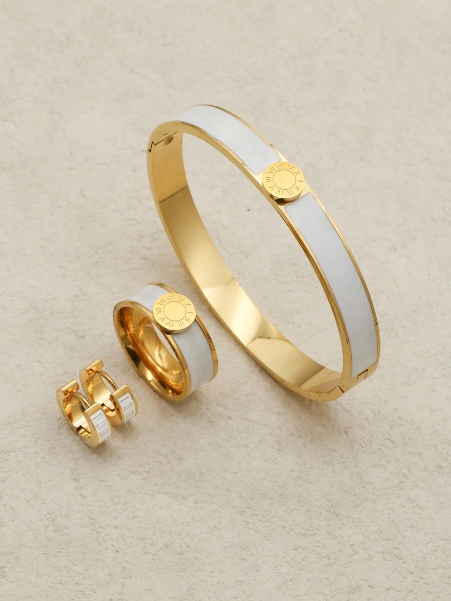 1 套/4 件时尚金色圆形不锈钢手链耳环戒指套装爱心手镯首饰套装适合女士情人节 - 白色 - 查看 1