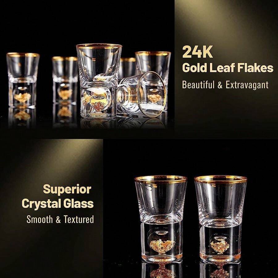 Conjunto de 4 Copos de Vidro Decorados com Flocos de Ouro de 10ml, Incluindo Copo de Vinho