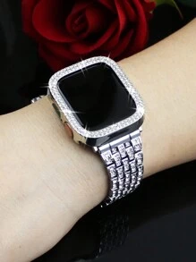 Dây đeo đồng hồ kim loại đính đá Rhinestone siêu sáng bóng cho nữ + Vỏ bảo vệ chống rơi rỗng bằng PC đính đá Rhinestone hai hàng tinh tế tương thích với vỏ dây đeo đồng hồ Apple 38 40 42 41 45Mm Apple Watch Series 3 4 5 6 7 8 Se 9, Vòng đeo tay bằng kim loại đính đá Rhinestone thay thế cho nữ - Bạc - Xem 5