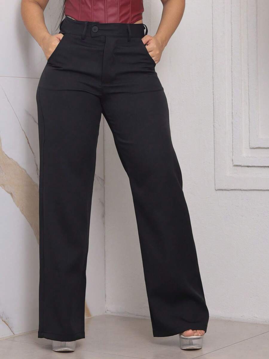 Calça Pantalona Alfaiataria Feminina Social Cintura Alta Com bolso na frente e ziper - Preto - Visão 1