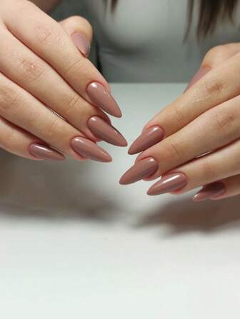 24pcs Brown Almond Shaped Glossy Full Cover Reusable Press-On Nails, Solid Color Design, Suitable For Women And Girls, Acrylic Material, Jelly Press-On Nails, DIY Nail Art Supplies