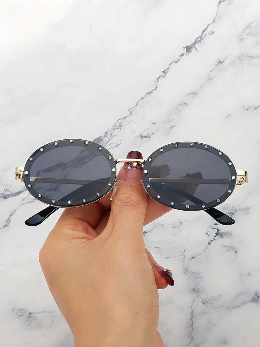 1pc Metal Frame Oval Shape Diamond Inlaid Fashion Eyeglasses, Unisex Decorative Daily Wear Glasses - Black - View 1