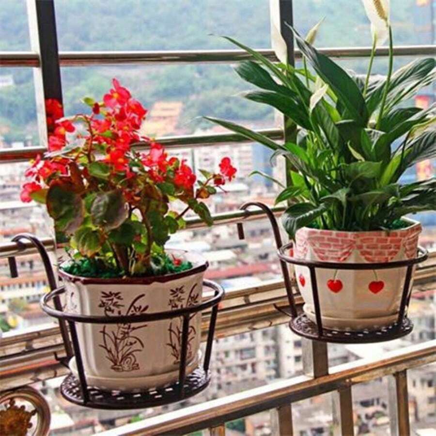 Iron Balcony Flower Stand Railing Plant Stand Hanging Basket Fern Stand, Circular Pot Hanger - Multicolor - View 1