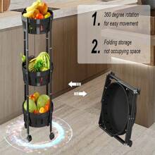 1pc Three-Tier Foldable Kitchen Floor Stand Storage Rack, For Fruit, Vegetable, Basket, Snack And Other Multipurpose Use, Suitable For Living Room, Kitchen - Black - View 7