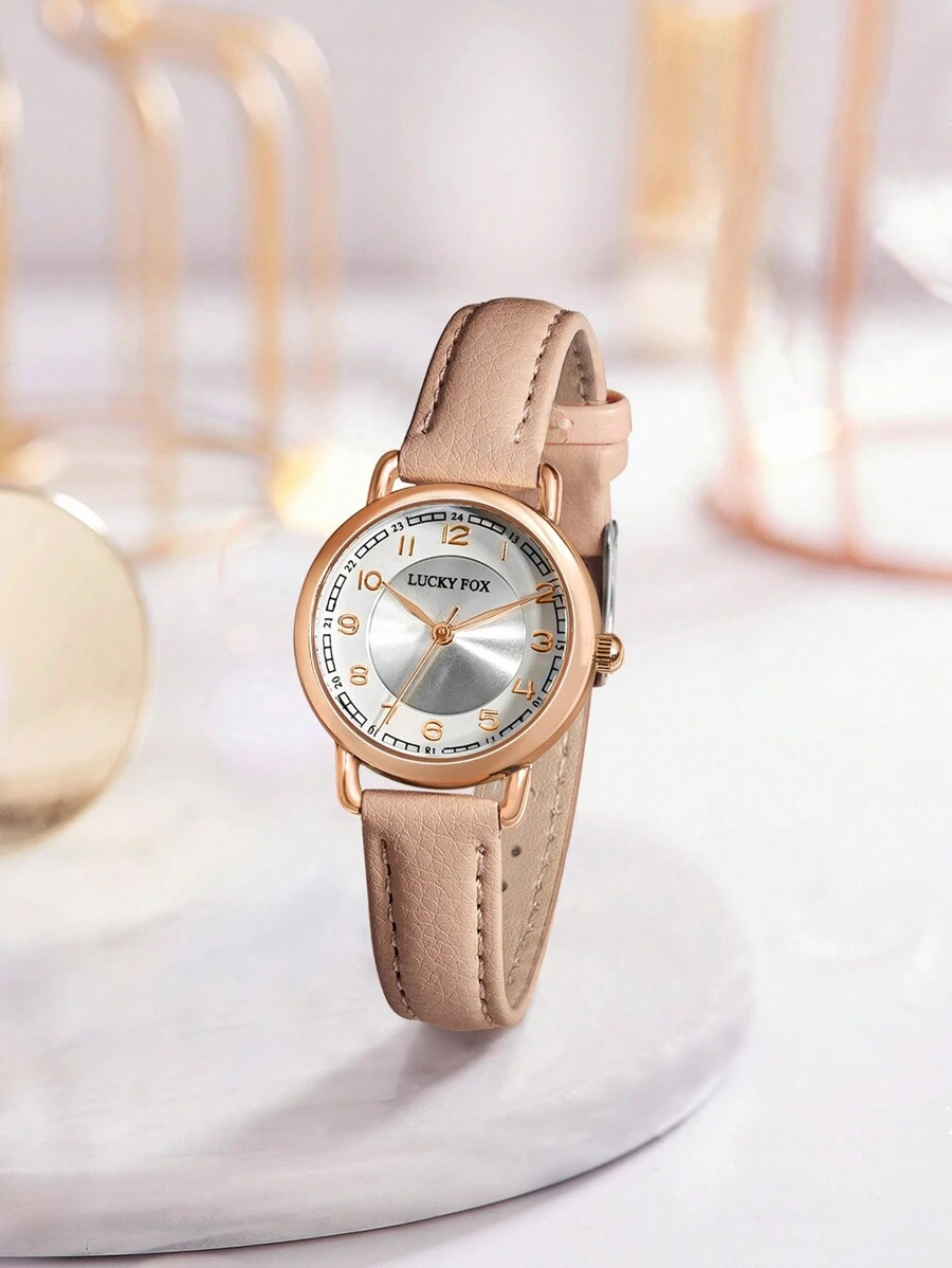 1pc LUCKYFOX Unisex Student Minimalist Quartz Watch, Rose Gold Case & Leather Strap, Suitable For Daily Life, Commute, Daily Gift - Beige - View 1