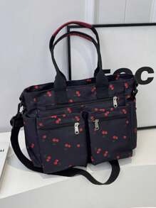 Bolso de mano casual de moda con estampado, adecuado para ir al trabajo, viajar, hacer ejercicio, puede contener botella de agua, teléfono, cosméticos, paraguas, con correa para el hombro ajustable - Negro - Ver 1